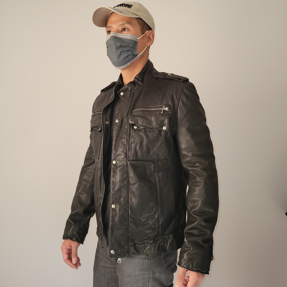 Black Leather Biker Jacket Medium Mens